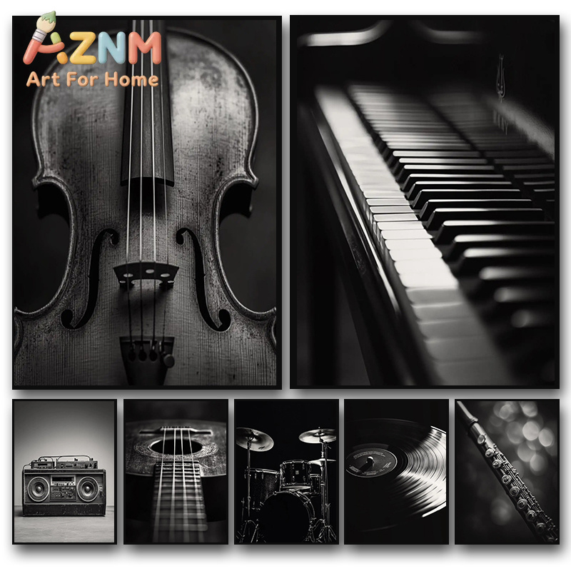 Picture Of Musical Instrument - Klassische Musikinstrumenten-Fotoposter, Violin-Schallplatten-Saxophon-Drucke, Leinwandgemälde, Wandbilder für